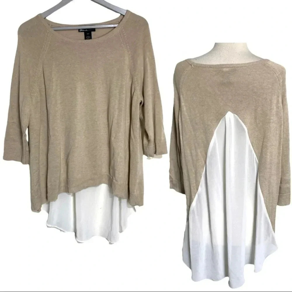 Lane Bryant Sweater 14/16 Tan Chiffon Back Layered Mixed Media Scoop Neck